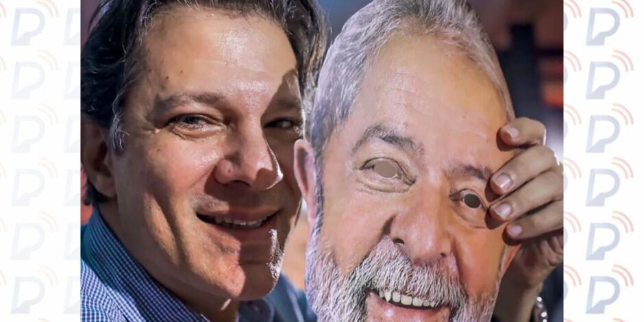 Fernando Haddad com máscara de Lula.