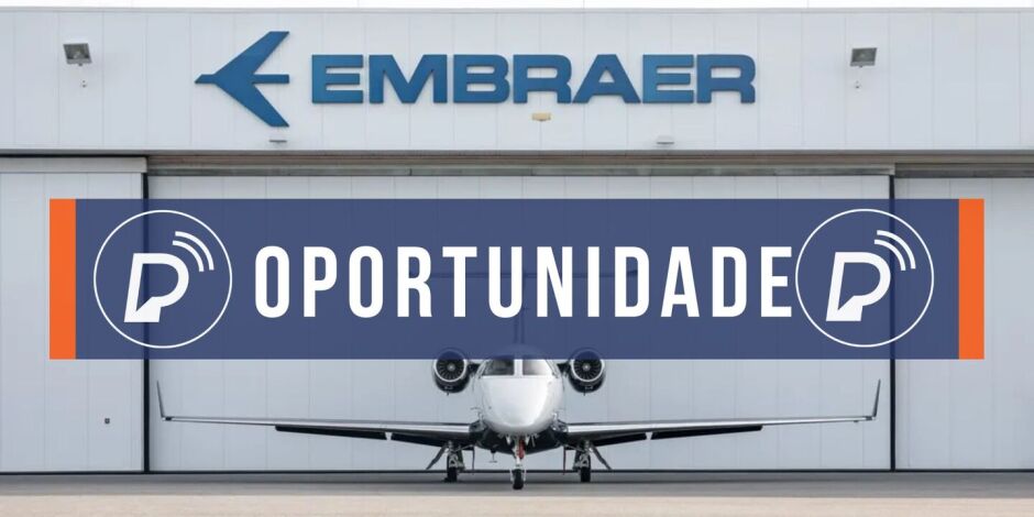 Fachada com o nome Embraer e um avi&atilde;o. 