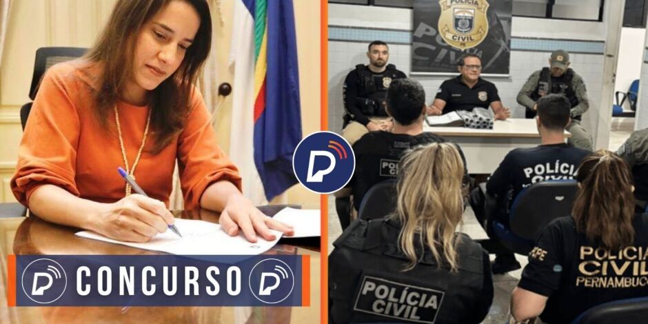 Governadora Raquel Lyra assinando documento e agentes da Pol&iacute;cia Civil de Pernambuco.