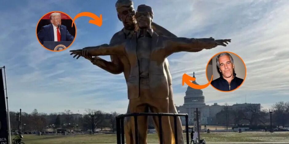 Est&aacute;tua de Trump e Epstein em famosa pose do "Titanic" &eacute; instalada na capital dos Estados Unidos
