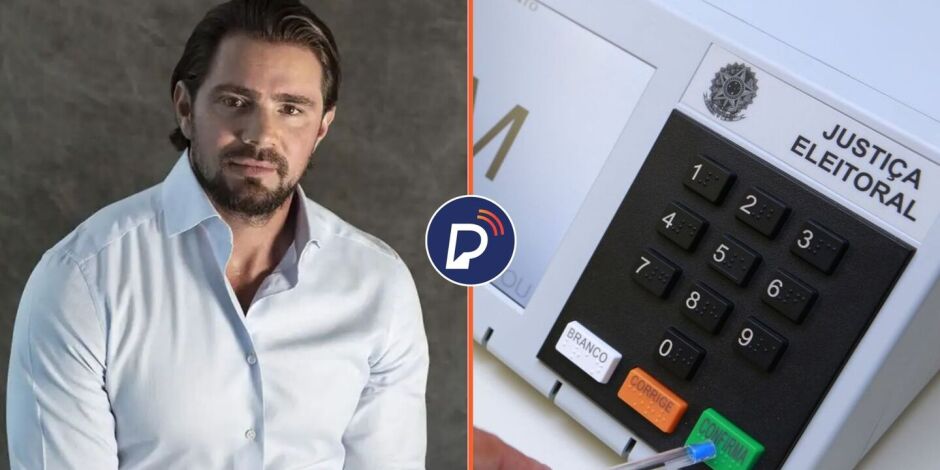 Daniel Vorcaro, dono do Banco Master e urna eletr&ocirc;nica.