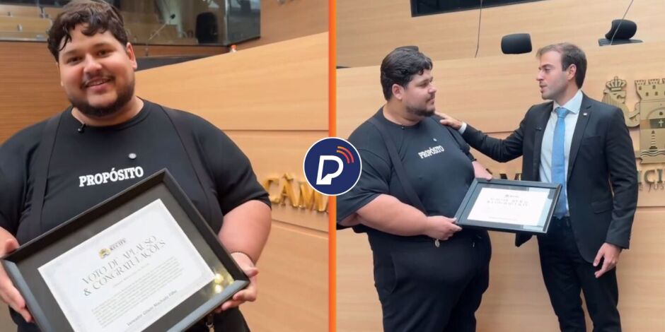 Influenciador J&uacute;lio Mamute &eacute; homenageado na C&acirc;mara do Recife por luta contra obesidade.