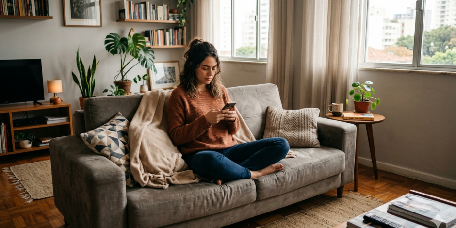 Mulher morando sozinha em seu apartamento