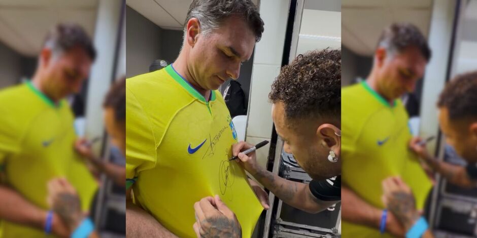 Neymar encontra Fl&aacute;vio Bolsonaro em S&atilde;o Janu&aacute;rio e autografa camisa da Sele&ccedil;&atilde;o