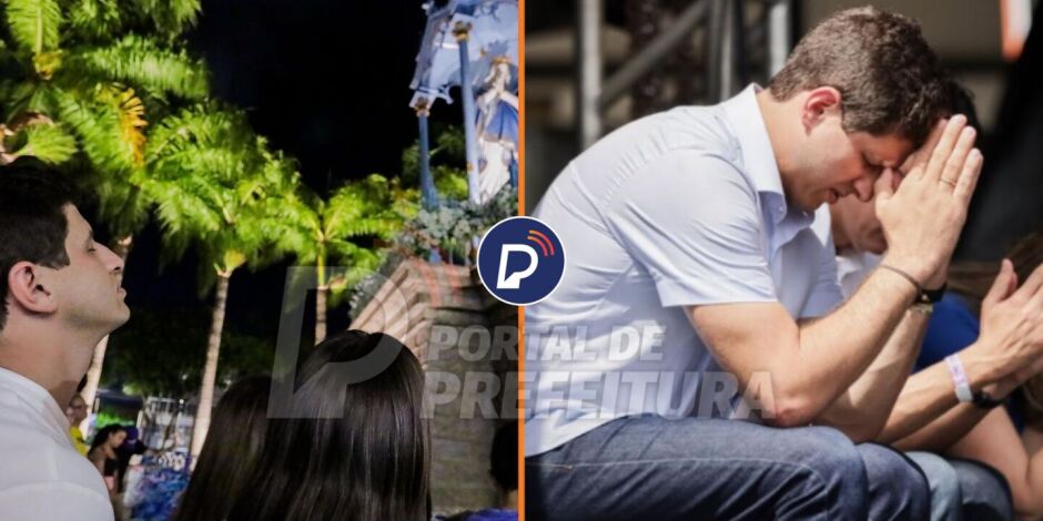 Jo&atilde;o Campos diante da imagem de Nossa Senhora da Concei&ccedil;&atilde;o, no Morro da Concei&ccedil;&atilde;o.
