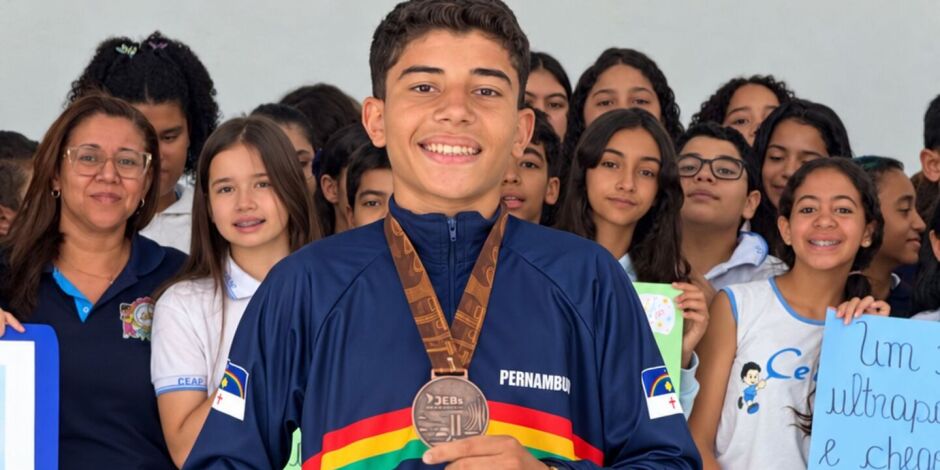 Carlos Manoel, de 14 anos, bronze no lan&ccedil;amento do dardo nos JEBs.