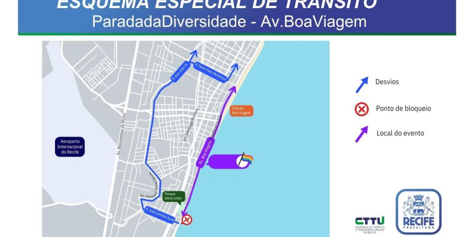 Mapa de desvios realizados pela CTTU para Parada da Diversidade