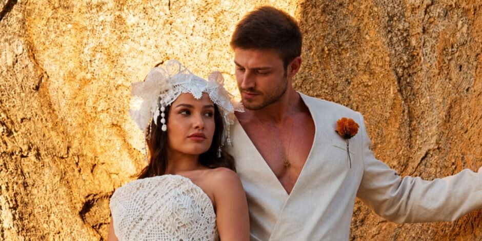 Juliette posa com vestido de noiva artesanal, com franjas e croch&ecirc;, durante casamento no Lajedo de Pai Mateus, na Para&iacute;ba.