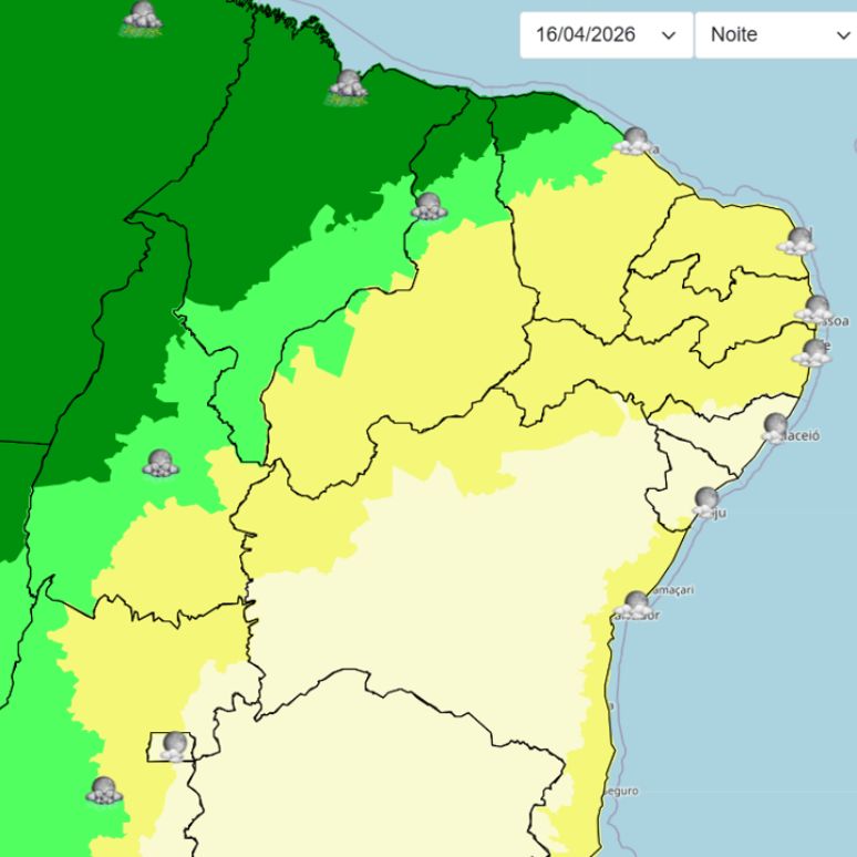 Tempo no Nordeste para a noite desta quinta-feira (16), segundo Inmet.