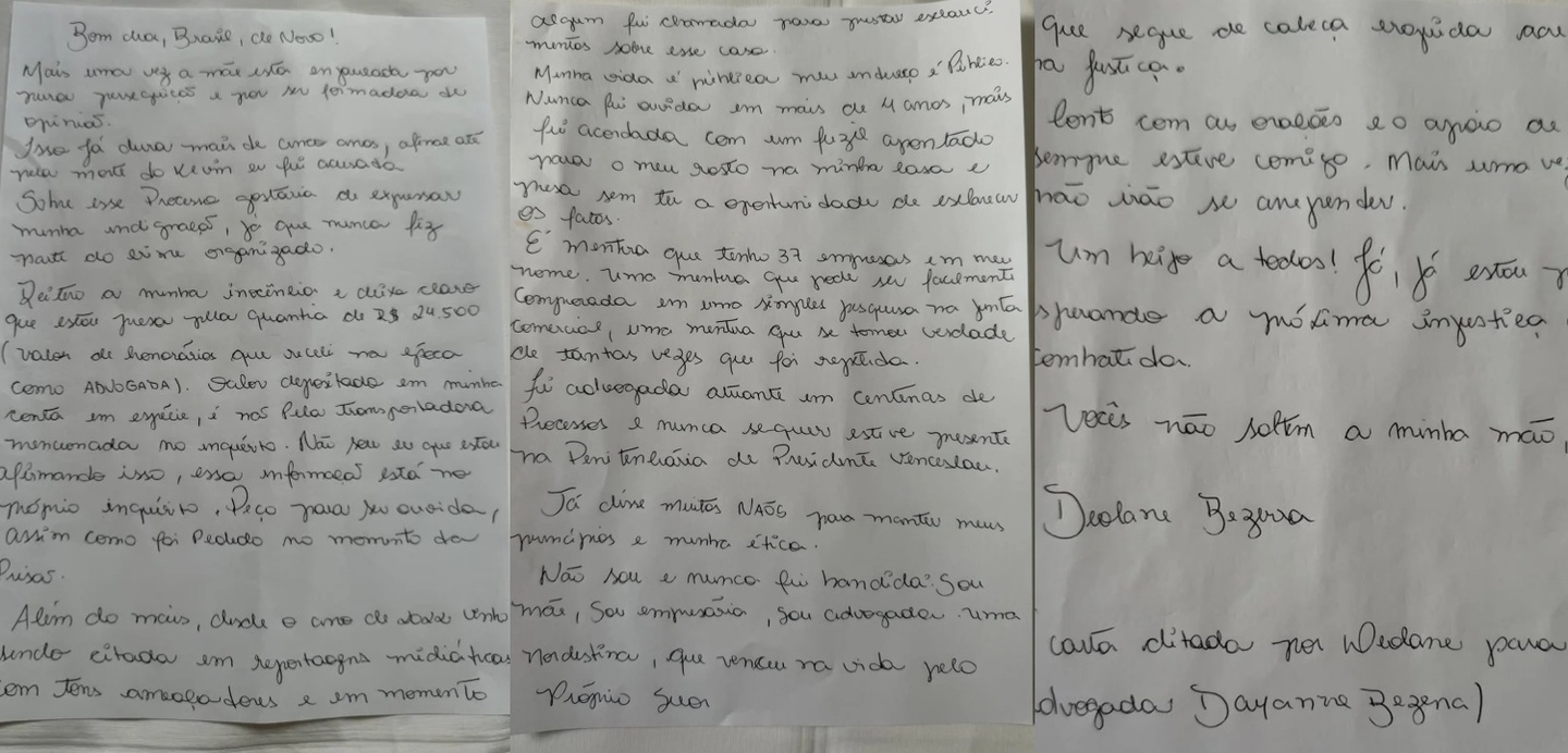 Carta de Deolane após ser presa.