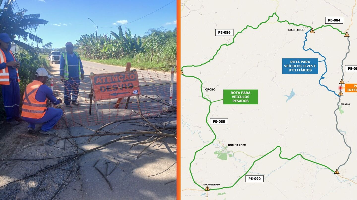 Ponte é interditada após risco de desabamento na PE 089 por fortes chuvas.
