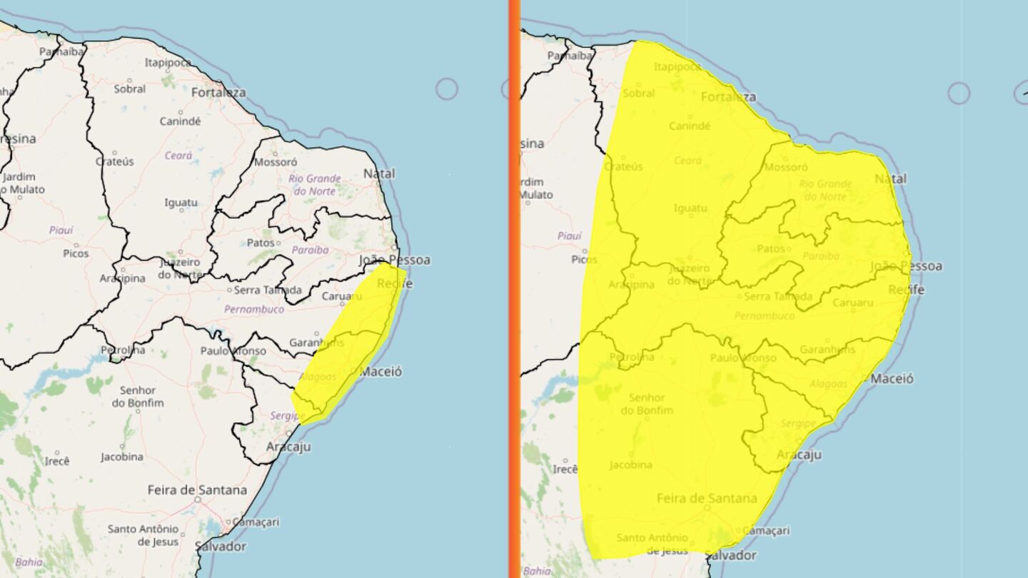 Inmet aponta chuva (esq.) e vendaval, ambos de perigo potencial.